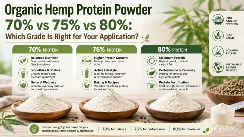 Organisches Hanfproteinpulver 70 % Vs 75 % Vs 80 %: Welche Qualität Ist Die Richtige Für Ihre Anwendung? Organic Hemp Protein Powder 70% Vs 75% Vs 80% Which Grade Is Right For Your Application