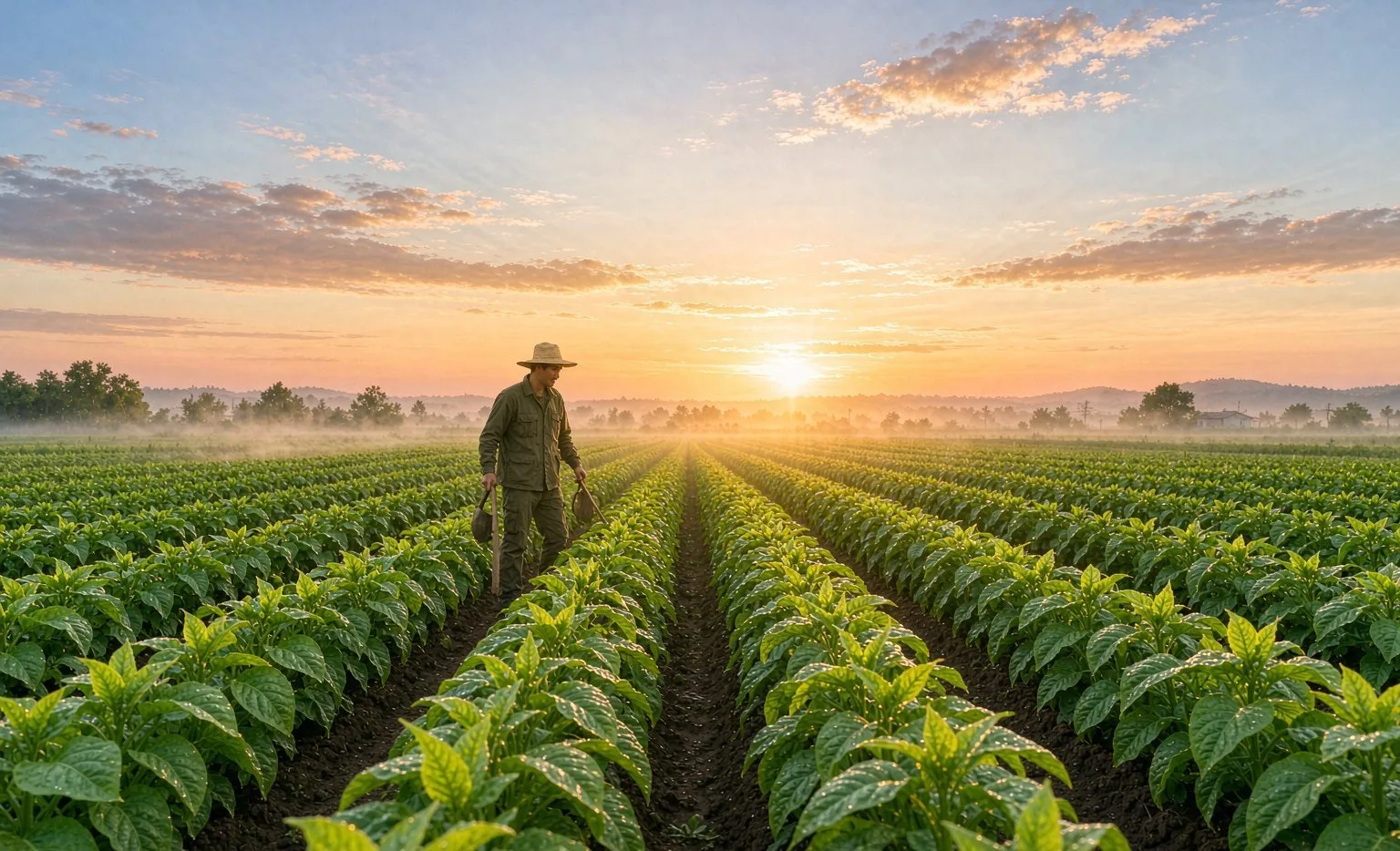 Nachhaltigkeit Landwirt Auf Einem Grünen Bio-Feld Bei Sonnenaufgang